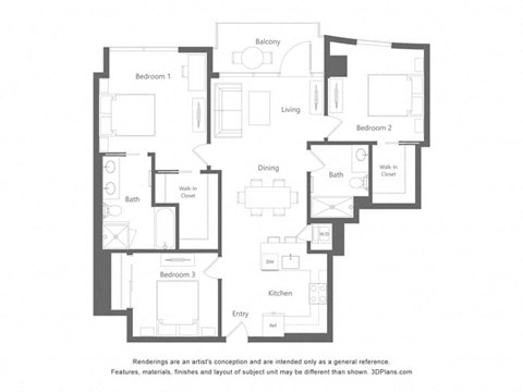 Floor plan for 2 beds, 2 baths, 1194 sqft